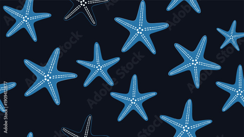 Simple seamless pattern displays many blue starfishes with white textured patterns on a dark navy blue background.