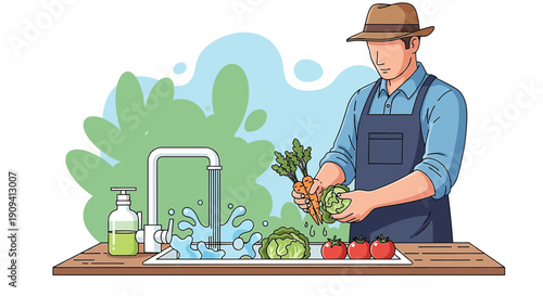 Farmer washing fresh vegetables in sink, healthy organic food concept