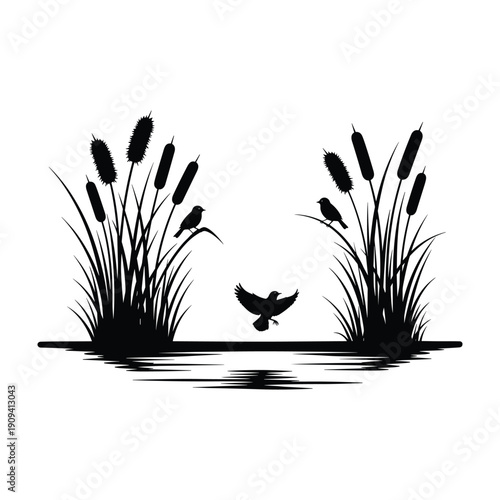 Black Silhouette Birds Perched On Reeds With Flying Bird Over Water Surface