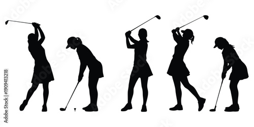 Golf girl silhouettes set, female golfer action poses swinging club and putting ball, sport competition symbols, athletic movement shapes, outdoor course activity graphics, clean black vector