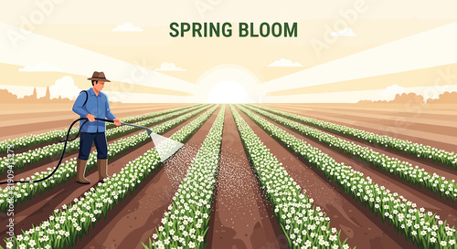 Farmer spraying field of tulips at sunrise, spring bloom concept