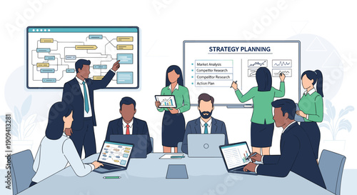 Business Team Discussing Strategy in Meeting Room.