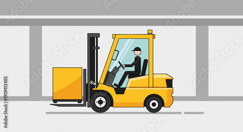 Forklift Operator Driving Yellow Forklift Truck.