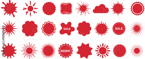 Starburst Sale Badge Bundle, Red Burst Shape Labels, Promotional Price Tag Vector Collection