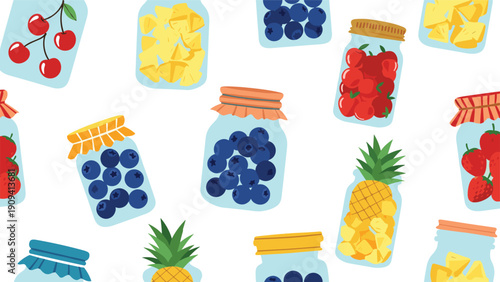 Vibrant seamless pattern showcases various glass jars filled with fresh fruits like cherries blueberries pineapple and strawberries.