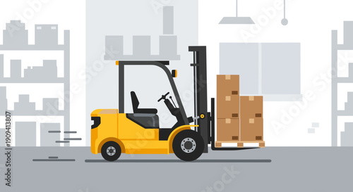 Yellow Forklift Truck Lifting Cardboard Boxes.