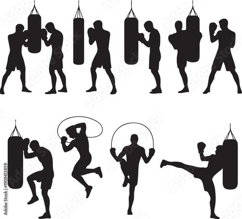 Silhouette of men boxing and kickboxing with punching bags and jump ropes