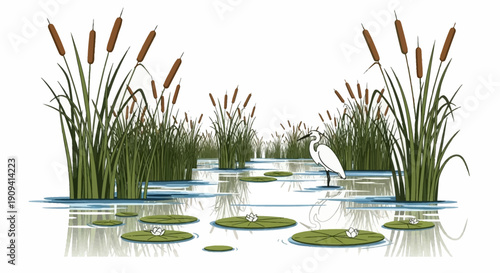 Illustration of a tranquil wetland scene with cattails, water lilies, and a white egret standing in the water.