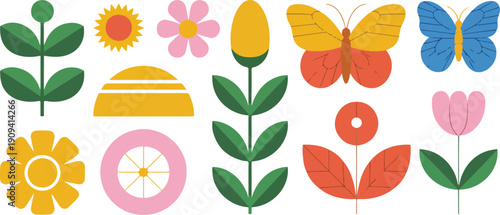 A flat, minimalist illustration of spring and summer elements arranged in a horizontal layout against a white background