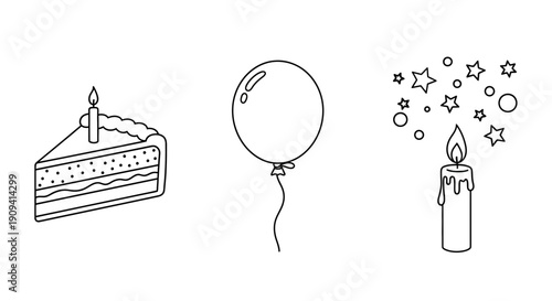 Birthday Celebration Icons: Cake Slice, Balloon, Candle with Stars