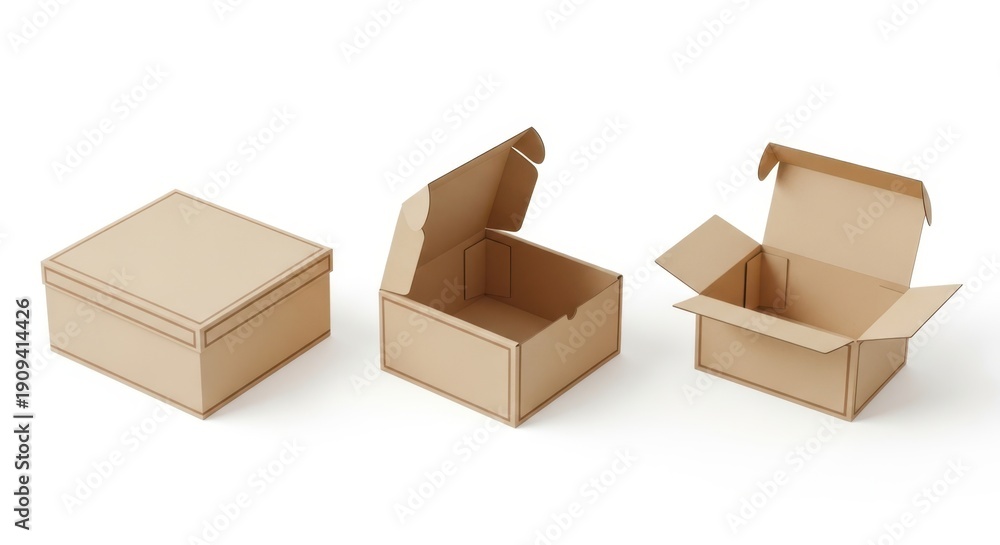 Fototapeta premium Three cardboard boxes in varying sizes isolated on white background