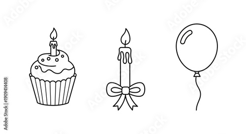 Birthday celebration icons: cupcake, candle, balloon, party symbols, simple line art.