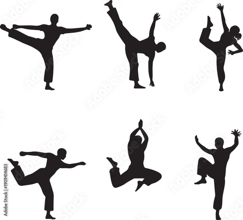 Silhouettes of people performing various martial arts kicks and poses isolated on white background