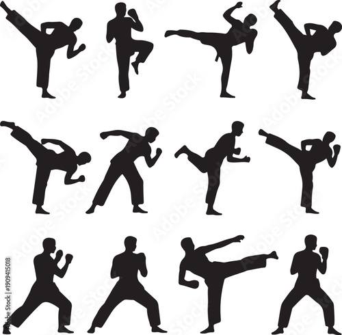Silhouettes of people performing various martial arts kicks and punches on white background