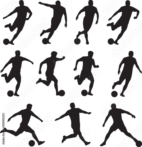 silhouette of soccer players in various poses kicking ball