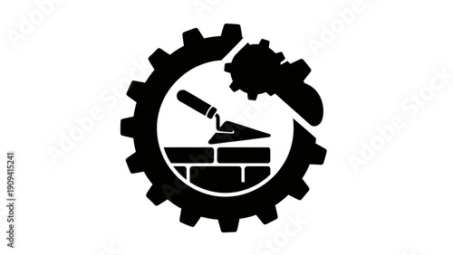 A black and white emblem showing a gear, brick wall, trowel, and cog