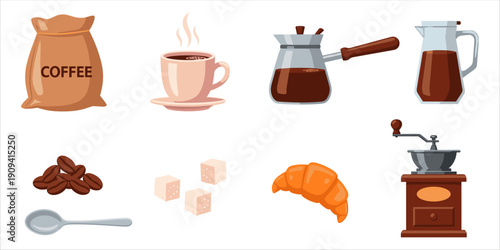 Collection of coffee-related items including a bag of coffee, cup, grinder, and croissant