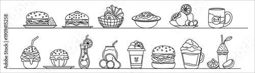 Collection of delicious fast food and drinks in a simple line art style