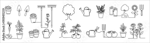 Collection of single line drawings illustrating various gardening tools and plants