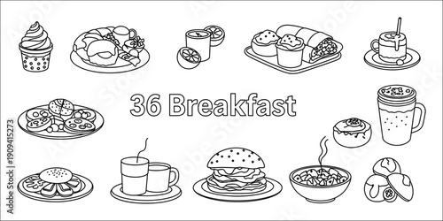 Collection of delicious breakfast food items and drinks in a line art style