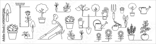 Collection of continuous line drawings of gardening tools and plants for a healthy garden
