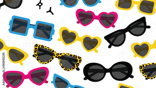 Trendy seamless pattern displays many different styles of sunglasses including heart shaped cat eye and leopard print frames.