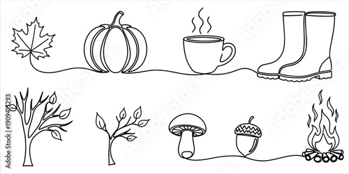 Autumn season single line drawing icons for fall harvest and cozy weather