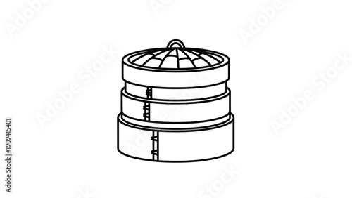 An outlined drawing of a stackable, bamboo-looking steamer. A lid and three tiers are shown