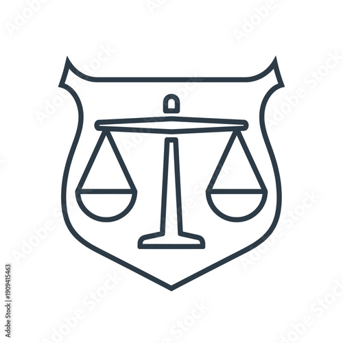 A line-art icon of scales inside a shield shape. Simple, bold design