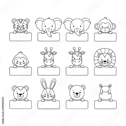 Black And White Line Drawings Of Twelve Cartoon Animals With Blank Name Plates
