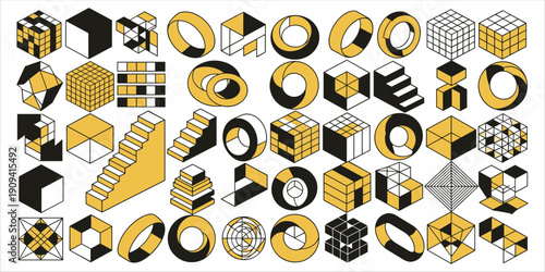 Abstract geometric shapes and forms in isometric perspective with yellow and black colors