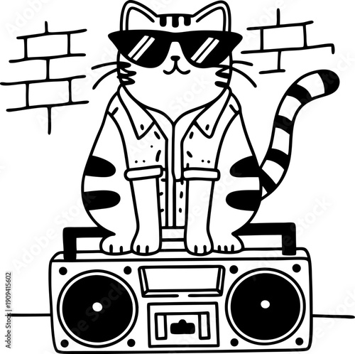 Cool cat wearing sunglasses and a jacket sitting on a large boombox in front of a brick wall