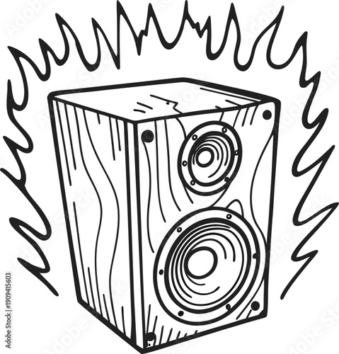 Loud wooden speaker box illustration with sound waves hand drawn music equipment, audio woofer and tweeter vibrating with high volume