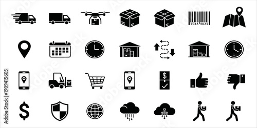 Black logistics delivery and warehouse icon set with transport, payment and security symbols