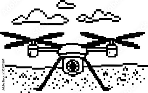Pixel drone with four propellers flying over landscape retro monochrome drone illustration with clouds and digital surveillance concept