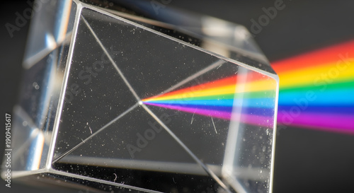 A transparent glass prism refracts white light into a spectrum of vibrant colors, demonstrating the principle of light dispersion on a dark background