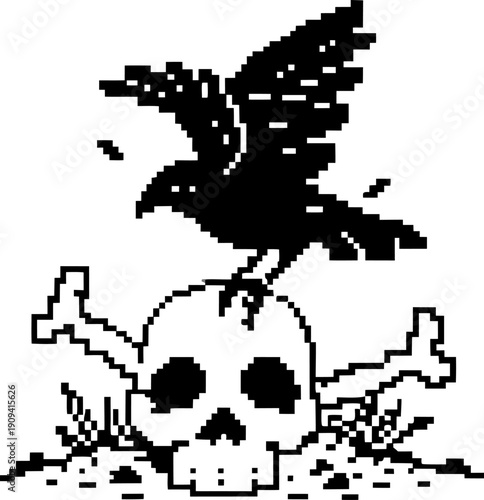 Pixel art black crow perched on skull with crossed bones and grass on white background