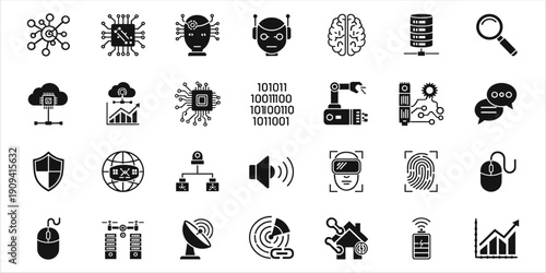 Collection of modern technology and digital icons representing innovation and connectivity