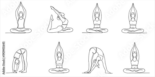 Collection of minimalist line art illustrations depicting women performing various yoga poses