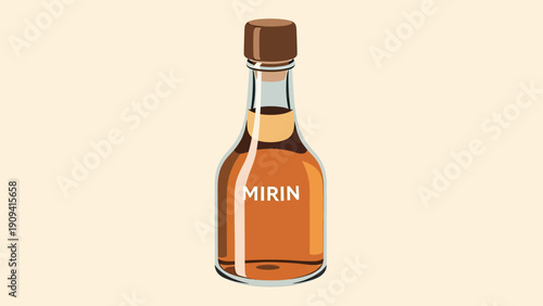 A stylized illustration of a mirin bottle, filled with amber liquid, brown cap and cork, on beige