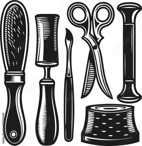 Vintage tailor tools collection featuring brush, seam ripper, scissors, thimble, spool, and needle case in detailed engraving
