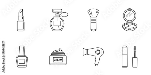 Collection of cosmetic and beauty product line art icons on a white background