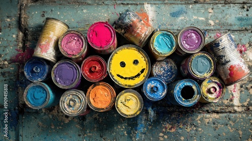 Cheerful Yellow Smiley Face in Paint Can Surrounded by Vibrant Colors on Distressed Artistic Surface.