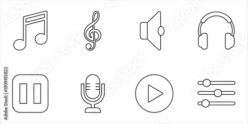 Collection of music and audio icons including notes, treble clef, speaker, headphones, pause, microphone, play, and sliders