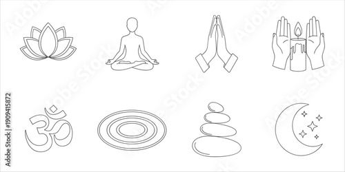 Collection of line art icons representing yoga, meditation, and spiritual wellness concepts