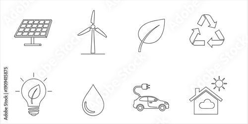 Collection of clean energy and sustainability icons in a simple line art style