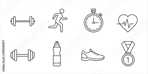 Collection of fitness and sport icons including dumbbells, running, stopwatch, heart, shoe, and medal