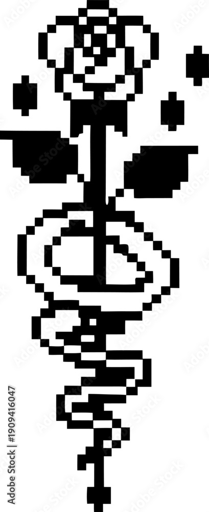Fototapeta premium Pixel art black snake coiled around a thorny rose stem with leaves and drops on white background