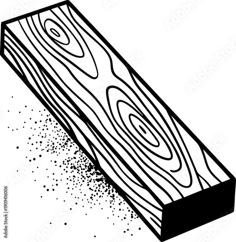 Wood plank with sawdust, detailed grain texture, carpentry and woodworking element isolated on white background