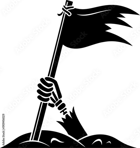 Hand holding tattered flag emerging from ground, symbol of resistance and perseverance